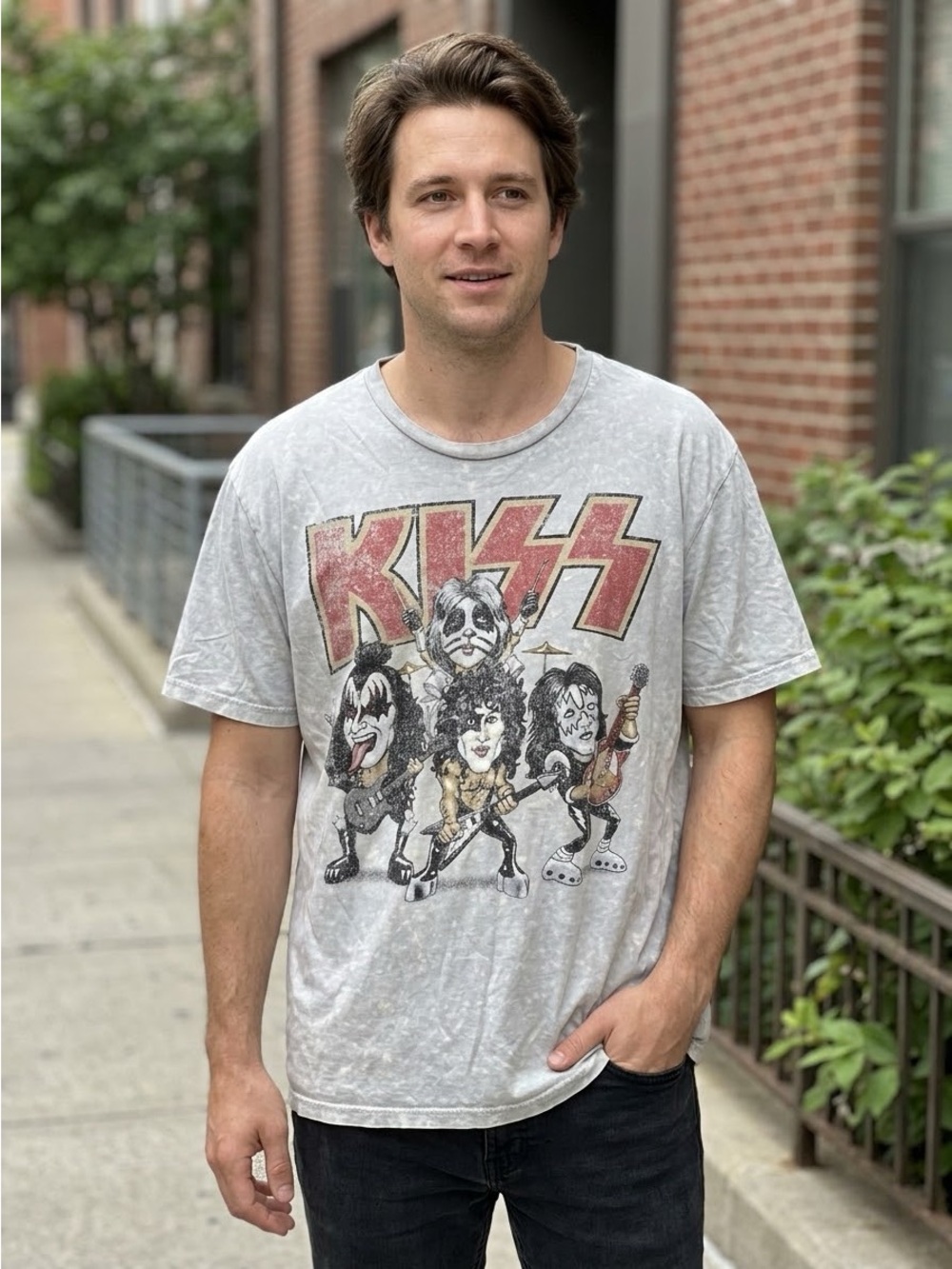 KISS Caricature Band Graphic Tee XL Gray Acid Wash 100% Cotton Rock Grunge